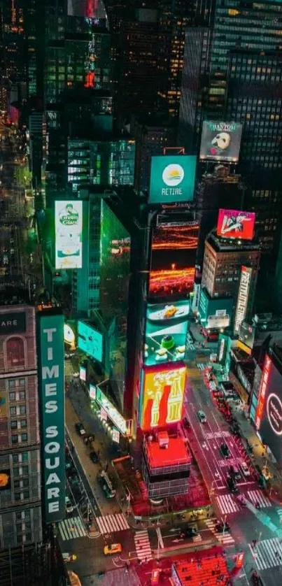 Times Square bustling with vibrant neon lights at night.