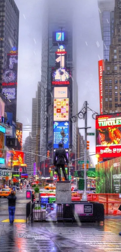 Colorful Times Square with neon lights and city buildings in New York.