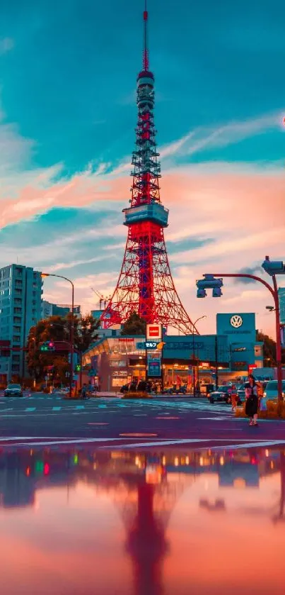 Vivid Tokyo cityscape with reflection and sunset sky.