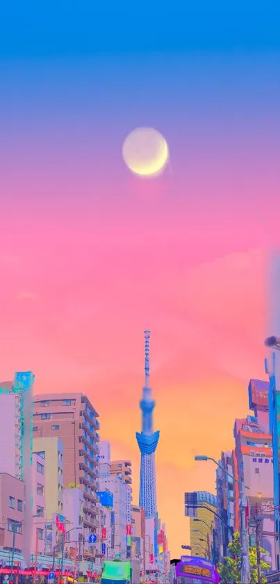 Vibrant Tokyo cityscape with pastel sky and moon.