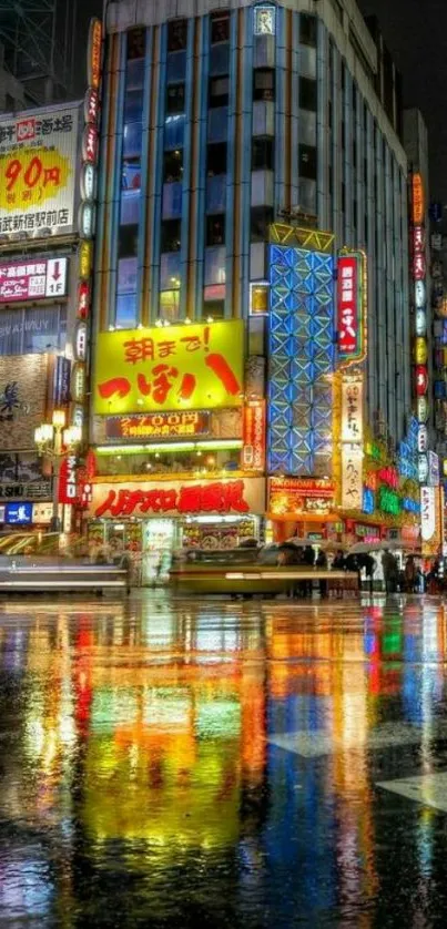 Colorful Tokyo cityscape with neon reflections on wet streets.