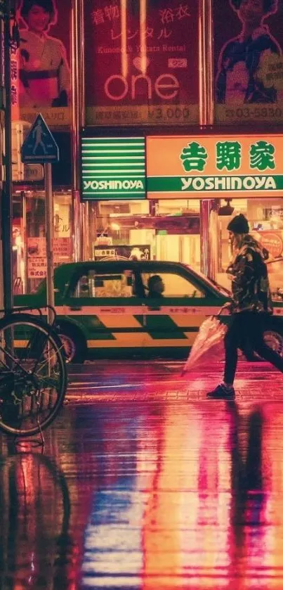 Tokyo street scene at night with neon lights reflecting on wet pavement.