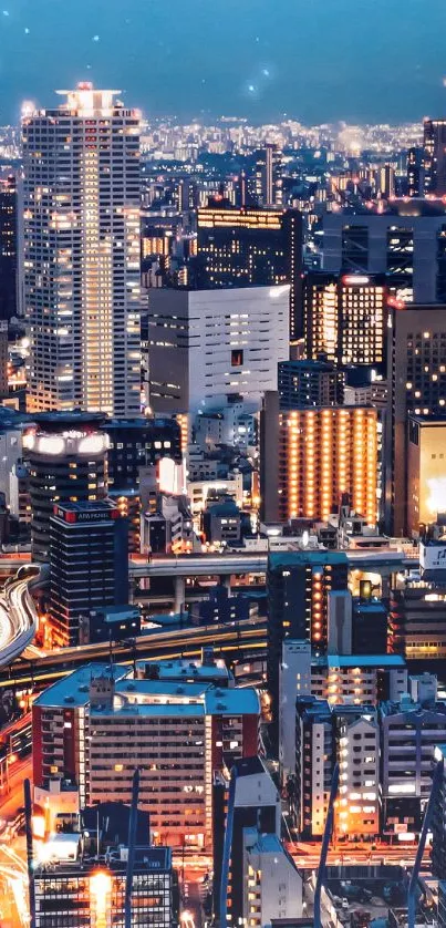 Tokyo city skyline at night illuminated with vibrant urban lights.