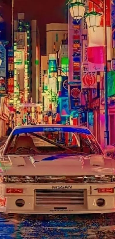 Vibrant Tokyo street with neon lights and a vintage car.