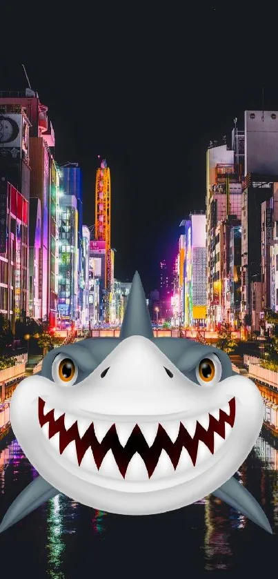 Shark in vibrant Tokyo cityscape at night.