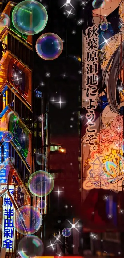 Anime-inspired Tokyo cityscape with neon lights and bubbles.