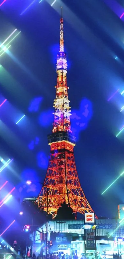 Tokyo Tower glowing with neon lights against a deep blue sky.