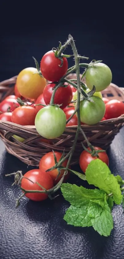 Basket of ripe tomatoes with vibrant background.