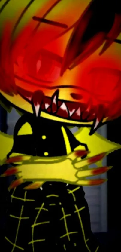 A vibrant cartoon character with red accents in a dark setting.