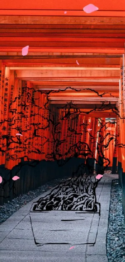 Vibrant orange Torii gate pathway in Japan.