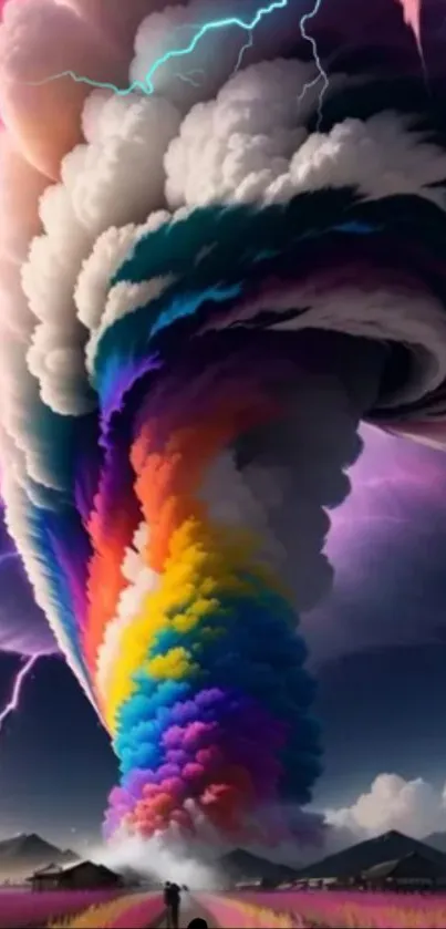 Vibrant tornado with rainbow colors and lightning in the background.