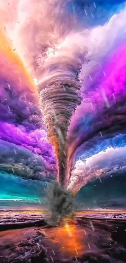 A vibrant, colorful tornado swirls in a dramatic sky on a mobile wallpaper.