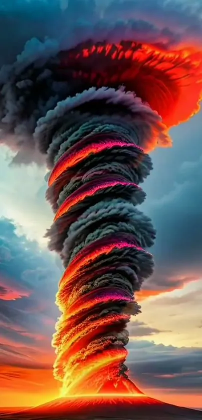 Vibrant tornado in a colorful sky.