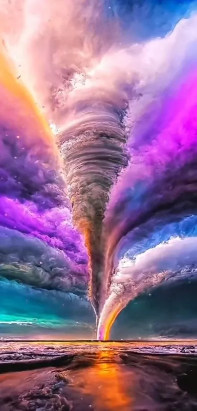 Vibrant tornado under a colorful, purple-sky background.