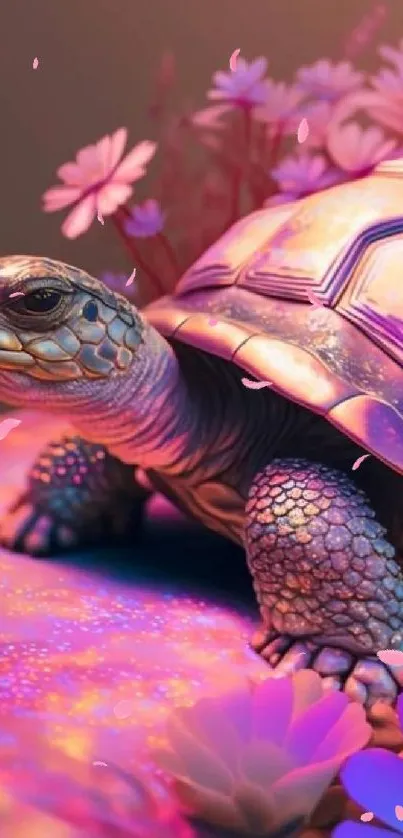 Vibrant tortoise amidst colorful flowers in fantasy art style.