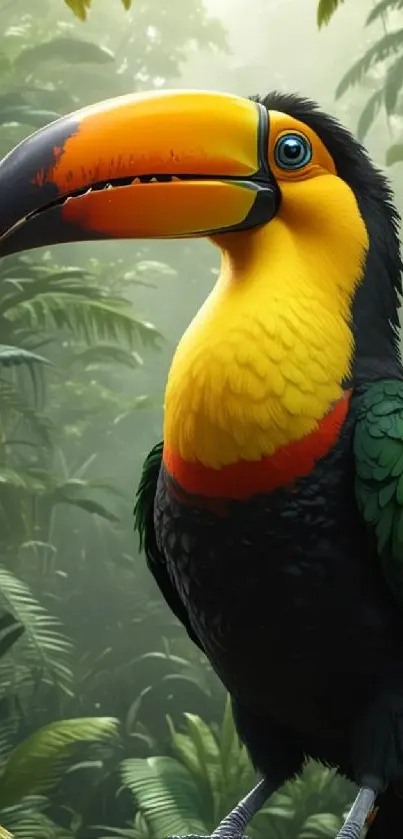 Bright toucan perched in lush jungle.