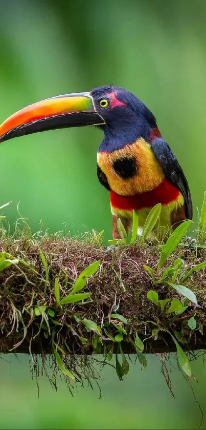 Vibrant toucan perched on lush green jungle branch.