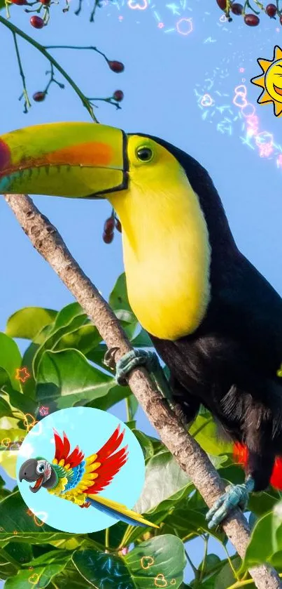 Vibrant toucan perched on branch with colorful backdrop.