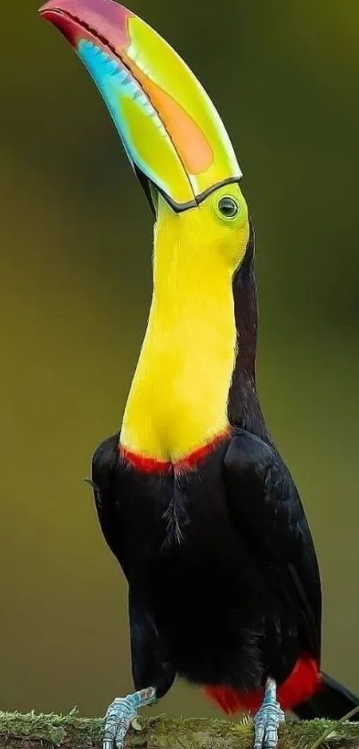 Vibrant toucan with a colorful beak against a green background.