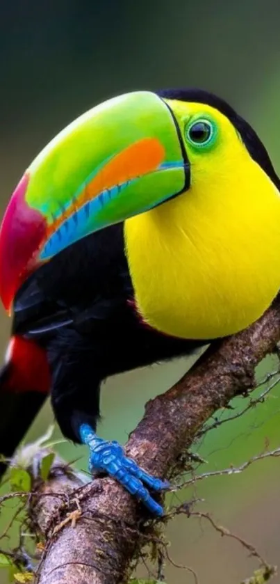 Vibrant toucan perched on a branch with colorful beak in nature.