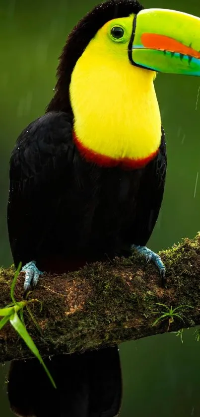 Colorful toucan bird perched on a mossy branch in a lush green rainforest.