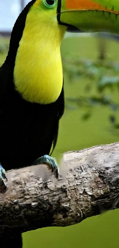 Vibrant toucan perched on a branch with green background.