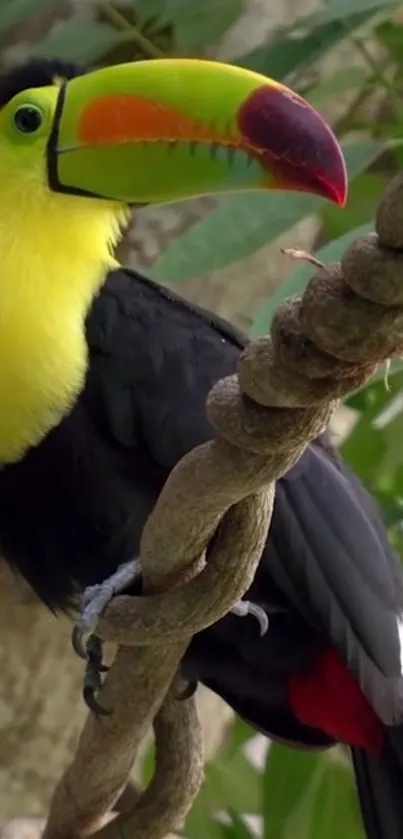 Colorful toucan perched on a branch in a lush jungle setting.