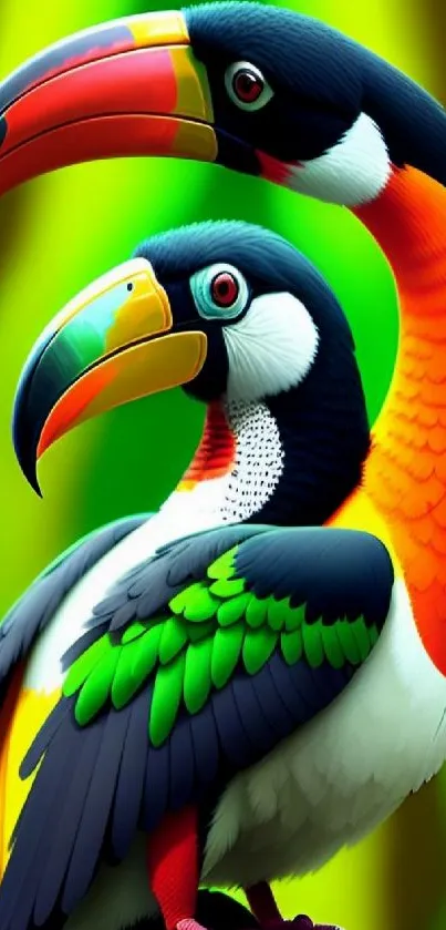 Colorful toucan pair on a green background, showcasing vibrant hues.