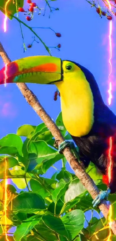 Colorful toucan perched in lush, green foliage against a blue sky.