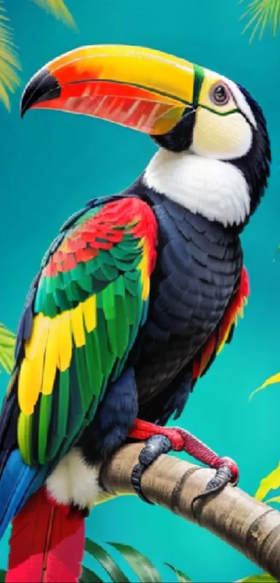 Colorful toucan perched with teal background in tropical setting.