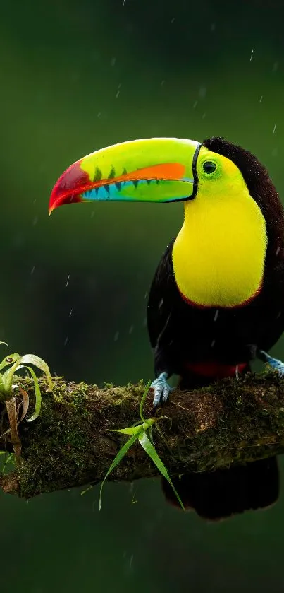 Colorful toucan perched in a lush jungle scene, showcasing its vibrant beak.