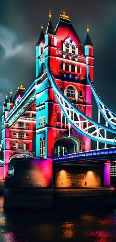 Colorful Tower Bridge at night with vibrant lights.