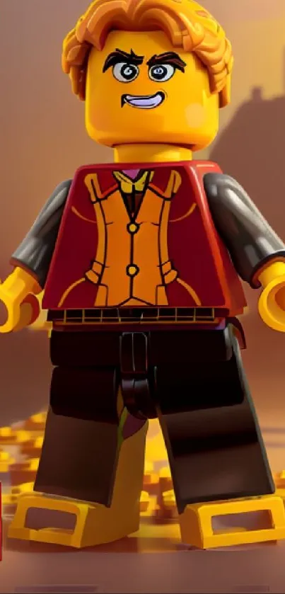 LEGO figure on a golden backdrop, vibrant and dynamic.