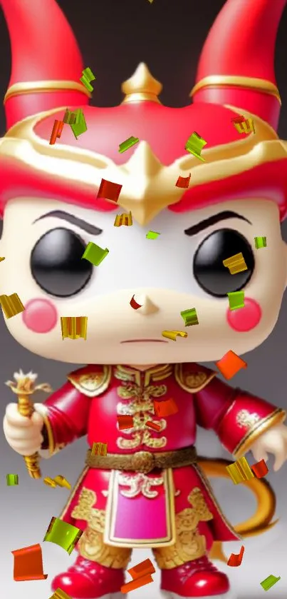 Colorful wallpaper of a red-armored toy character with confetti.