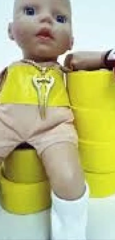 Toy doll on yellow barrels wallpaper
