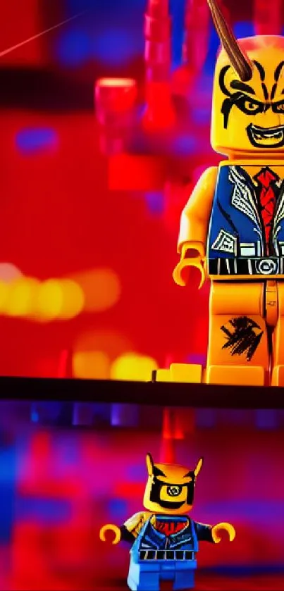 Colorful LEGO-inspired figures with vibrant red background.