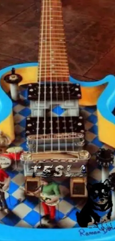 Vibrant toy guitar with artistic design and blue accents.