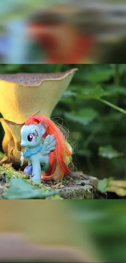 Whimsical toy with colorful mane in a lush forest setting.