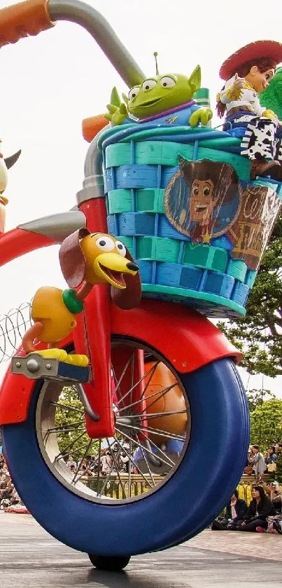 Colorful toys on a giant tricycle with a vibrant backdrop.