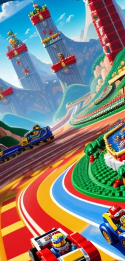 Colorful toy race track with vibrant scenery and imaginative designs.