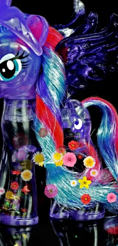 A vibrant toy unicorn with colorful mane and flowers on a dark background.