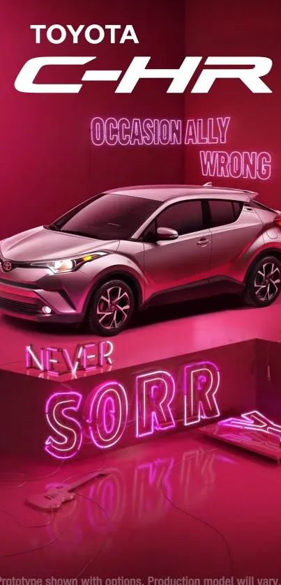 Toyota C-HR in neon pink with bold text design.