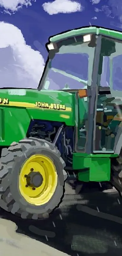 Artistic green tractor set against a vibrant sky.