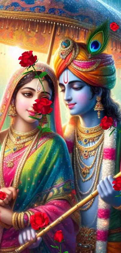 Hindu deities art with colorful decor.