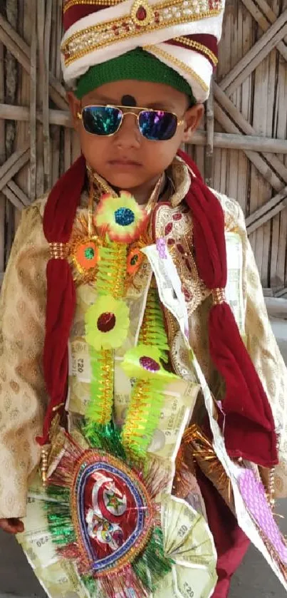 Child in traditional attire with sunglasses and vibrant colors.