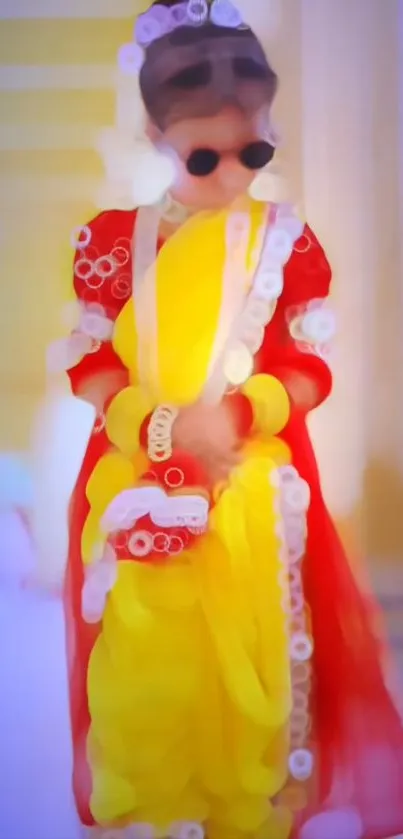 A colorful traditional attire in bright shades of red and yellow, with artistic style.