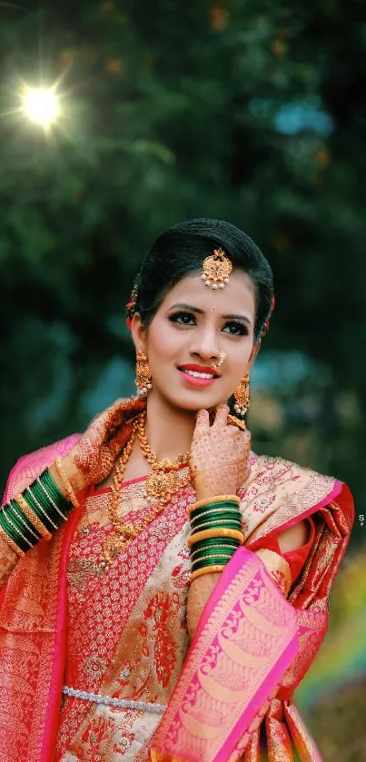 Elegant woman in traditional attire with intricate jewelry and vibrant saree.