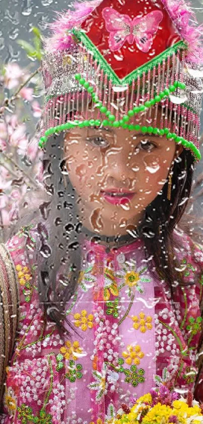 Girl in vibrant traditional attire with floral patterns.