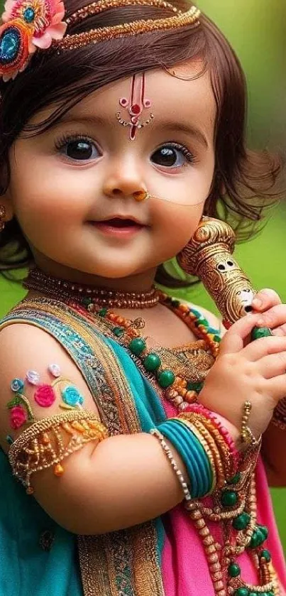 Adorable child in Krishna costume with colorful decor.