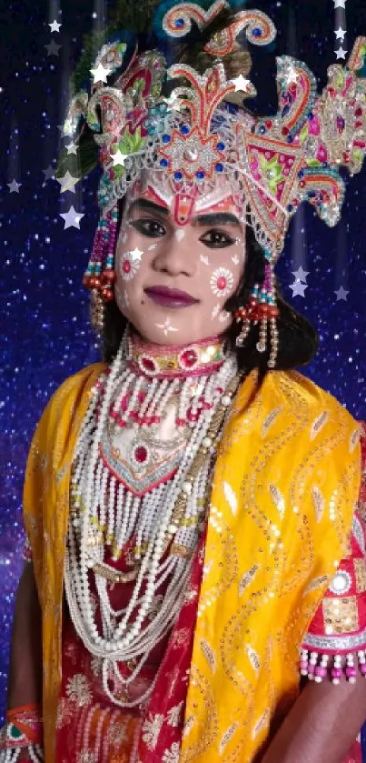 Colorful traditional costume against a cosmic backdrop.